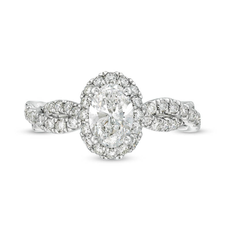 Main Image 4 of Kleinfeld® x Zales 1-3/4 CT. T.W. Certified Oval Lab-Created Diamond Frame Twist Engagement Ring in Platinum (F/VS2)