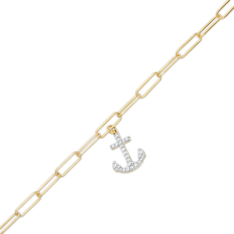 1/5 CT. T.W. Diamond Anchor Dangle Charm Paper Clip Link Bracelet in Sterling Silver with 14K Gold Plate
