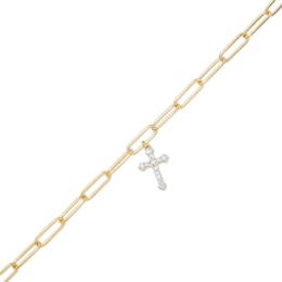1/10 CT. T.W. Diamond Cross Dangle Charm Paper Clip Link Bracelet in Sterling Silver with 14K Gold Plate