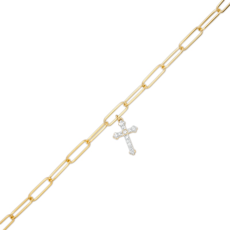 Main Image 1 of 1/10 CT. T.W. Diamond Cross Dangle Charm Paper Clip Link Bracelet in Sterling Silver with 14K Gold Plate