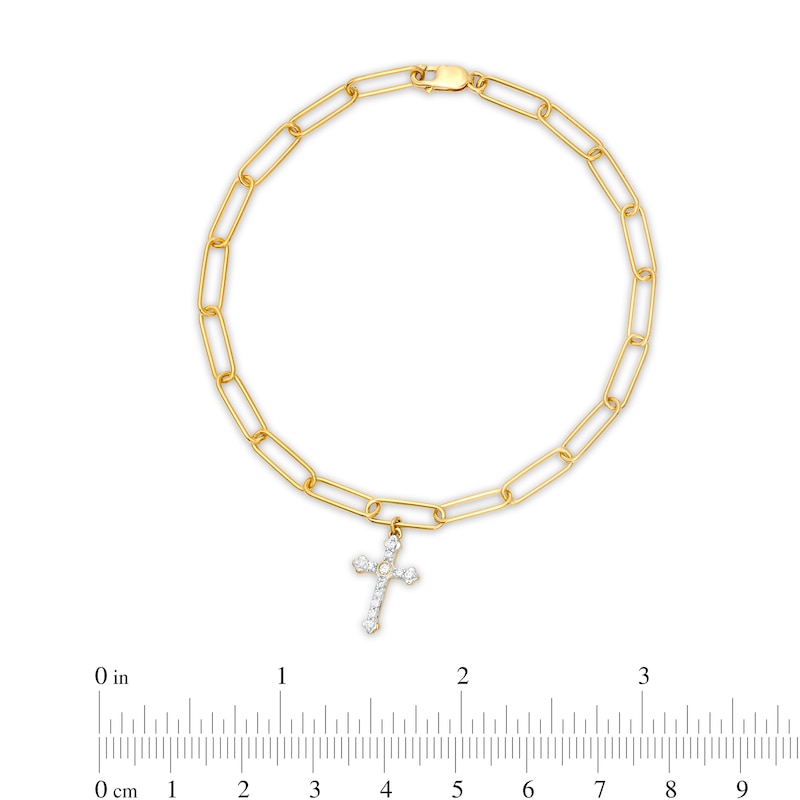 Main Image 4 of 1/10 CT. T.W. Diamond Cross Dangle Charm Paper Clip Link Bracelet in Sterling Silver with 14K Gold Plate