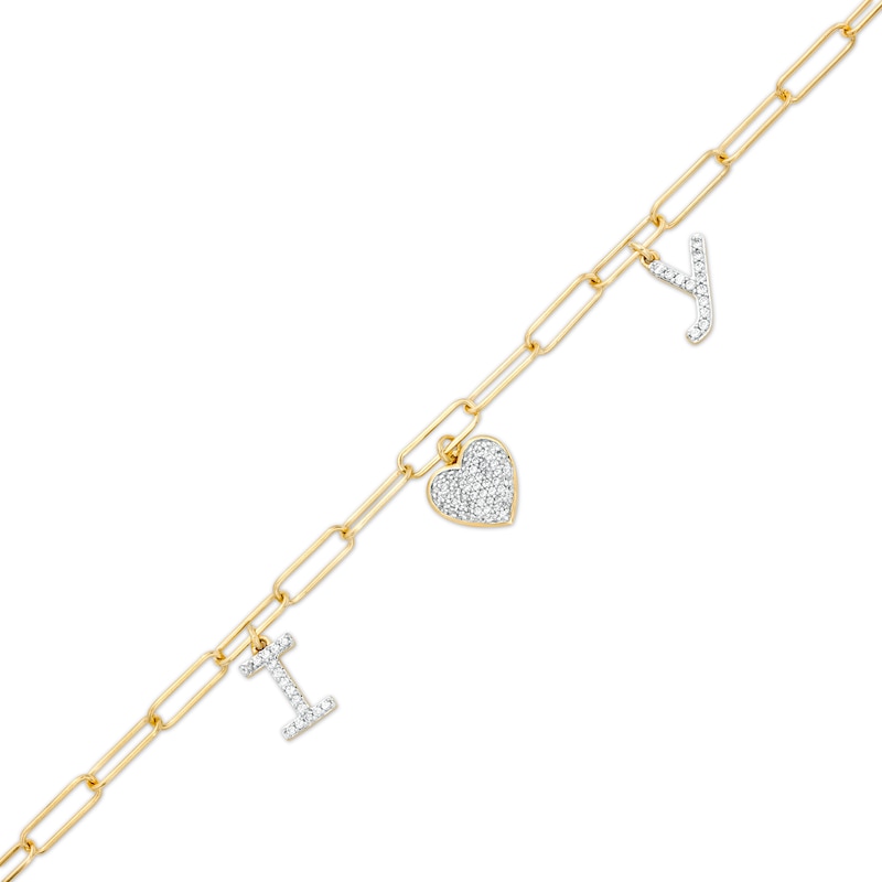 Main Image 1 of 1/3 CT. T.W. Diamond &quot;I LOVE Y&quot; Dangle Charm Paper Clip Link Bracelet in Sterling Silver with 14K Gold Plate