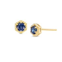 4.0mm Blue Sapphire Solitaire Hexagonal Milgrain Frame Stud Earrings in 10K Gold