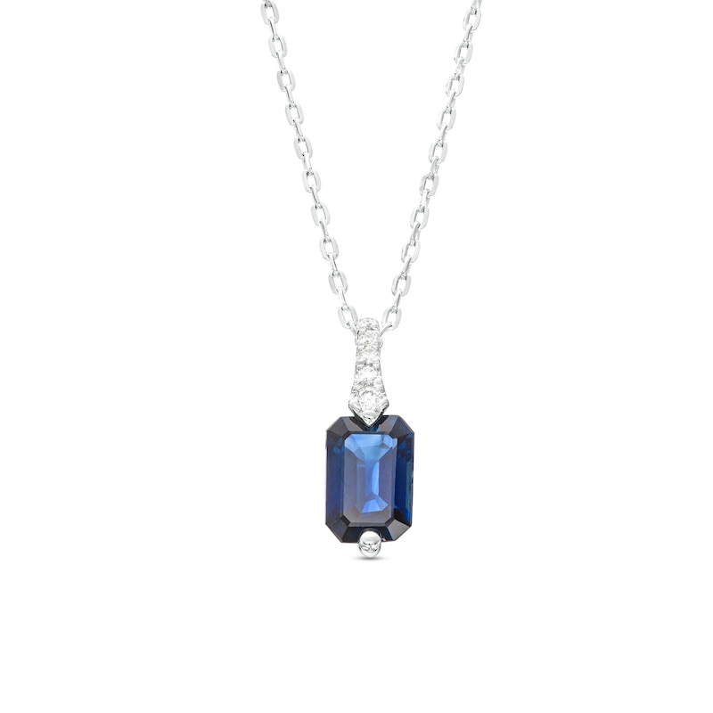 Main Image 1 of Emerald-Cut Blue Sapphire and Diamond Accent Pendant in 10K White Gold