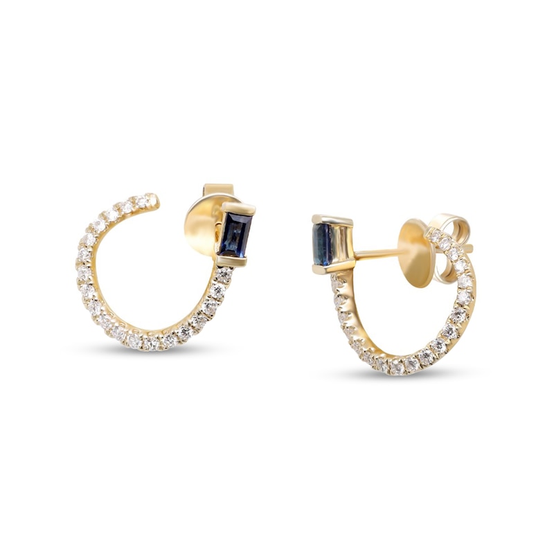 Main Image 1 of Baguette Blue Sapphire and 1/4 CT. T.W. Diamond Open Loop Stud Earrings in 10K Gold