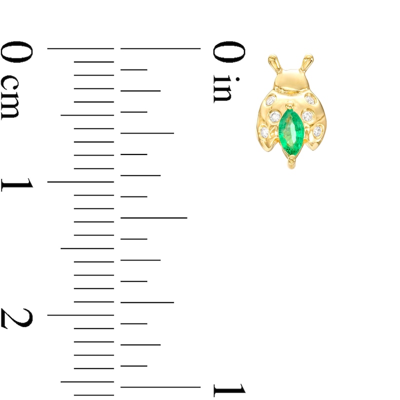 Main Image 3 of Marquise Emerald and 1/20 CT. T.W. Diamond Ladybug Stud Earrings in 10K Gold