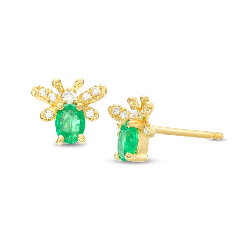 Main Image 1 of Oval Emerald and 1/15 CT. T.W. Diamond Winged Bug Stud Earrings in 10K Gold