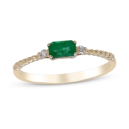 Emerald-Cut Emerald and Diamond Side Accent Rope Shank Ring in 10K Gold