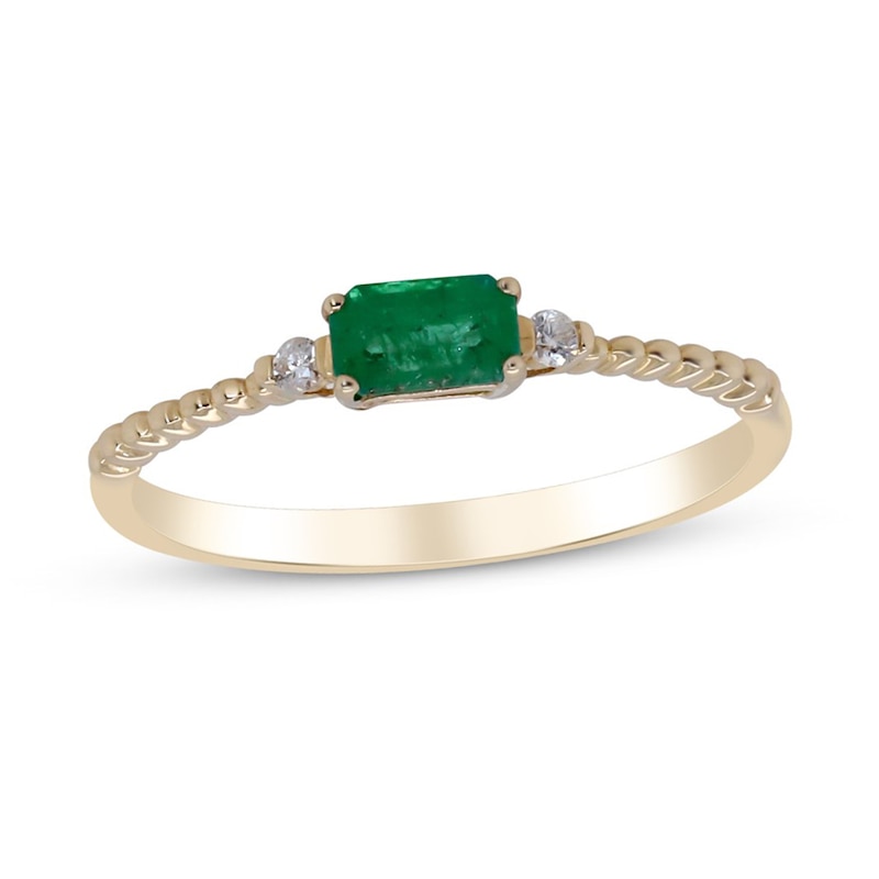 Main Image 1 of Emerald-Cut Emerald and Diamond Side Accent Rope Shank Ring in 10K Gold