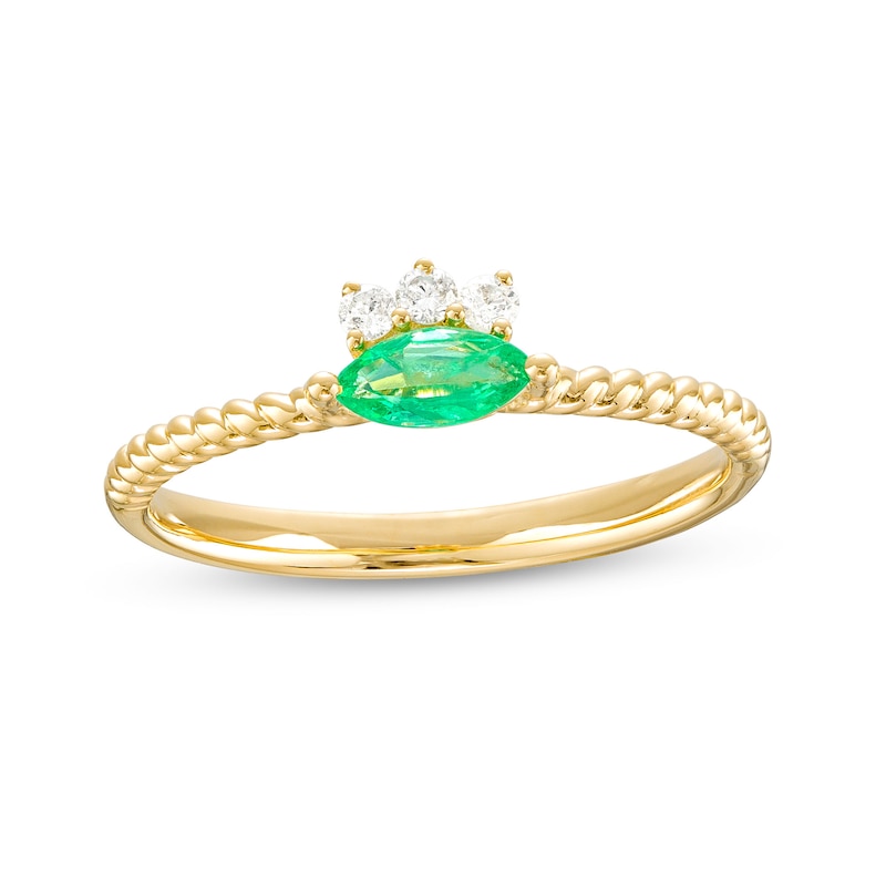 Main Image 1 of Marquise Emerald and 1/15 CT. T.W. Diamond Rope Shank Ring in 10K Gold