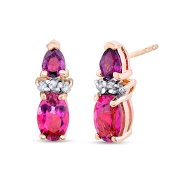 Oval Pink Tourmaline, Pear-Shaped Rhodolite Garnet and 1/20 CT. T.W. Diamond Drop Earrings in 14K Rose Gold