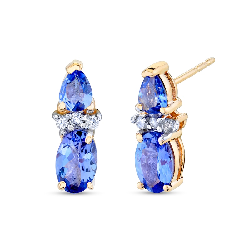 Main Image 1 of Oval and Pear-Shaped Tanzanite and 1/20 CT. T.W. Diamond Drop Earrings in 14K Gold