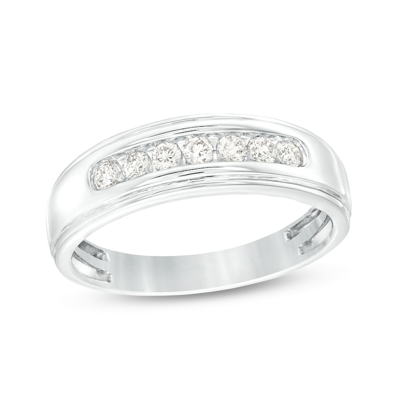 Main Image 1 of Men's 1/3 CT. T.W. Diamond Seven Stone Wedding Band in 10K White Gold