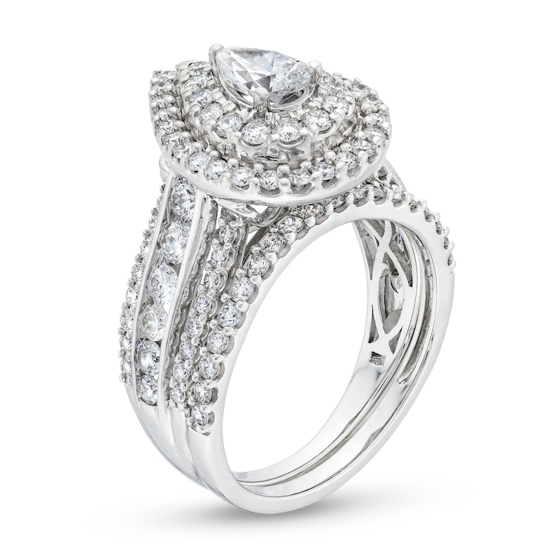 Main Image 3 of 2 CT. T.W. Pear-Shaped Diamond Teardrop Frame Tiered Bridal Set in 14K White Gold