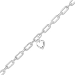 Diamond Accent Frame Heart Charm Paper Clip Link Bracelet in Sterling Silver