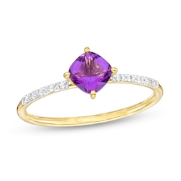 5.0mm Cushion-Cut Amethyst and White Lab-Created Sapphire Tilted Promise Ring in 10K Gold