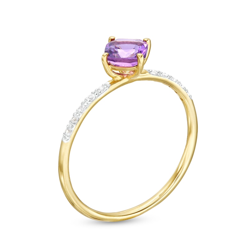 Main Image 2 of 5.0mm Cushion-Cut Amethyst and White Lab-Created Sapphire Tilted Promise Ring in 10K Gold