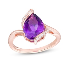 Pear-Shaped Amethyst and White Lab-Created Sapphire Bypass Ring in Sterling Silver with 18K Rose Gold Plate - Size 7