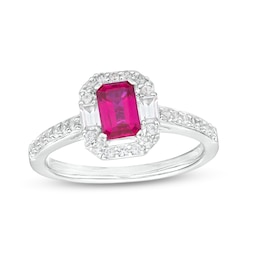 Emerald-Cut Lab-Created Ruby and White Lab-Created Sapphire Frame Ring in Sterling Silver