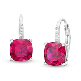 8.0mm Cushion-Cut Lab-Created Ruby and Diamond Accent Drop Earrings in Sterling Silver