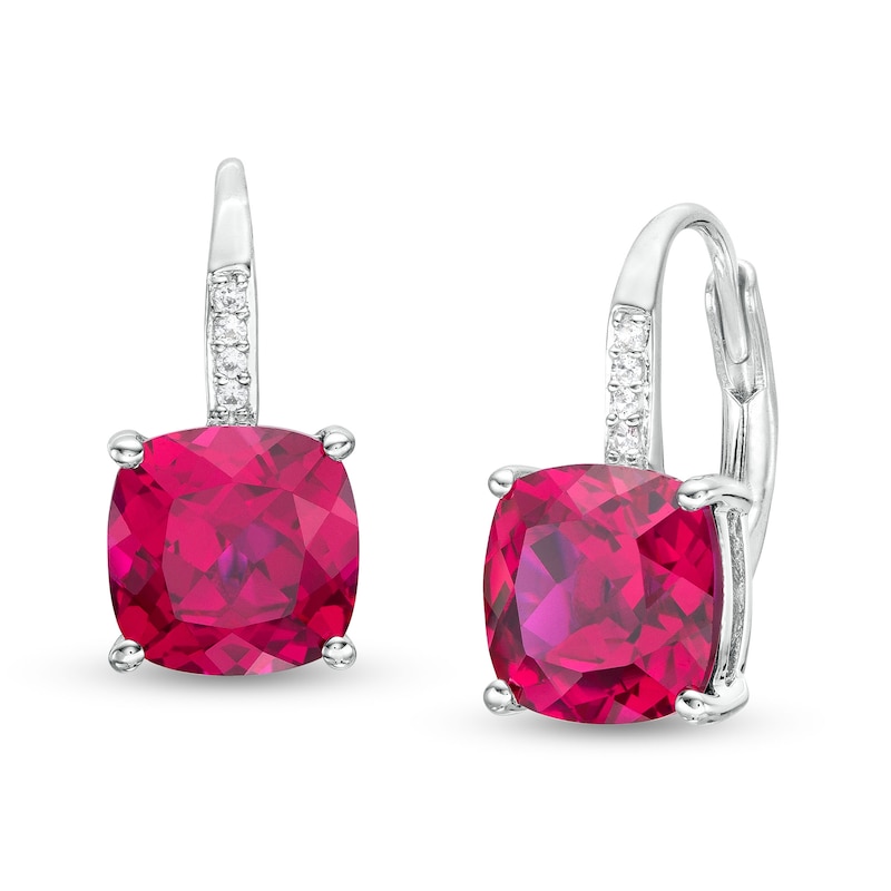 8.0mm Cushion-Cut Lab-Created Ruby and Diamond Accent Drop Earrings in Sterling Silver