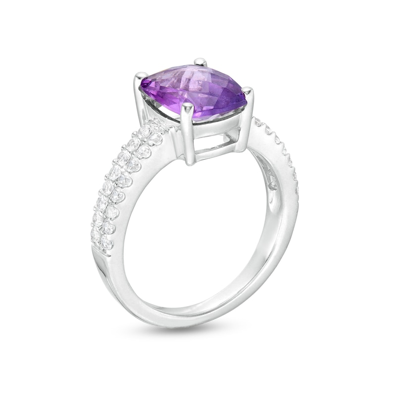 Main Image 2 of Cushion-Shaped Amethyst and White Lab-Created Sapphire Double Row Ring in Sterling Silver