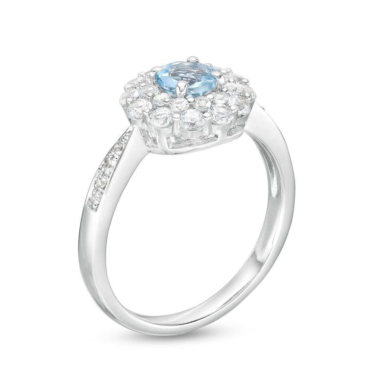 5.0mm Aquamarine and White Lab-Created Sapphire Double Floral Frame Ring in Sterling Silver