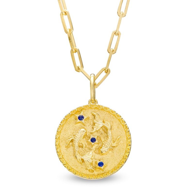 Main Image 1 of Blue Sapphire Pisces Zodiac Symbol Textured Frame Medallion Pendant in Sterling Silver with 14K Gold Plate