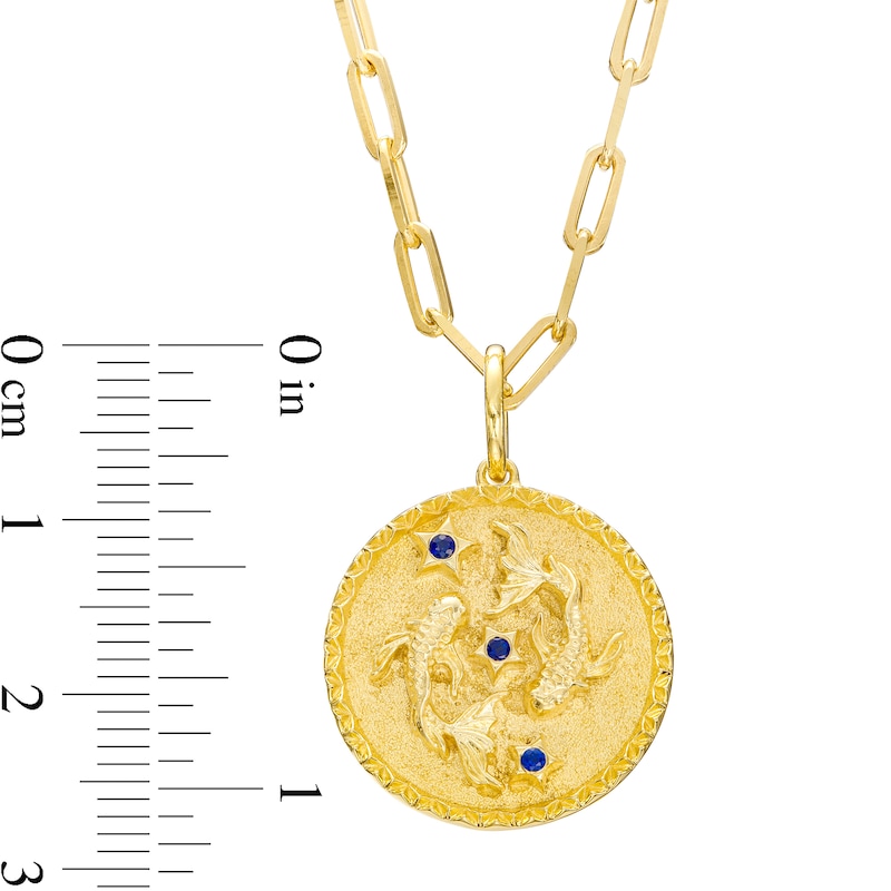 Main Image 3 of Blue Sapphire Pisces Zodiac Symbol Textured Frame Medallion Pendant in Sterling Silver with 14K Gold Plate