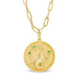 Emerald Capricorn Zodiac Symbol Textured Frame Medallion Pendant in Sterling Silver with 14K Gold Plate