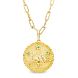 Emerald Taurus Zodiac Symbol Textured Frame Medallion Pendant in Sterling Silver with 14K Gold Plate