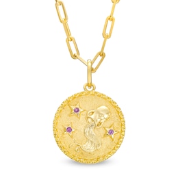 Amethyst Aquarius Zodiac Symbol Textured Frame Medallion Pendant in Sterling Silver with 14K Gold Plate