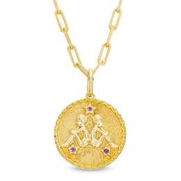 Amethyst Gemini Zodiac Symbol Textured Frame Medallion Pendant in Sterling Silver with 14K Gold Plate