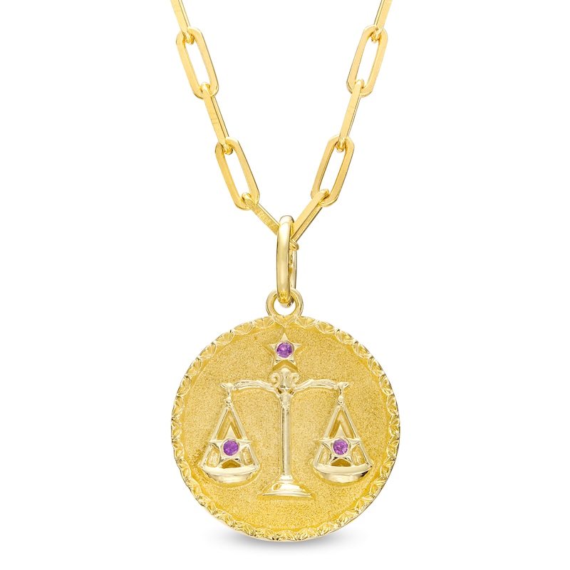 Main Image 1 of Amethyst Libra Zodiac Symbol Textured Frame Medallion Pendant in Sterling Silver with 14K Gold Plate