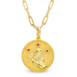 Ruby Leo Zodiac Symbol Textured Frame Medallion Pendant in Sterling Silver with 14K Gold Plate