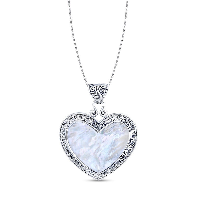 Main Image 1 of 30.0mm Heart-Shaped Mother-of-Pearl Filigree Frame Pendant in Sterling Silver