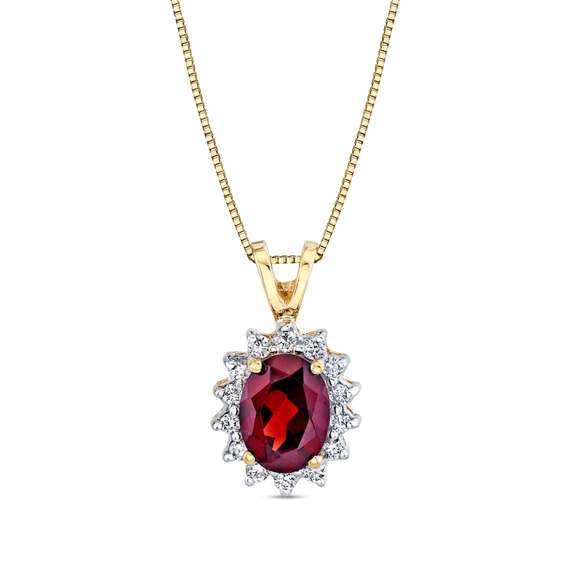 Main Image 1 of Oval Garnet and 1/5 CT. T.W. Diamond Sunburst Frame Split Bale Pendant in 14K Gold