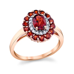 Oval Garnet, Rhodolite Garnet and 1/6 CT. T.W. Diamond Double Frame Ring in 14K Rose Gold