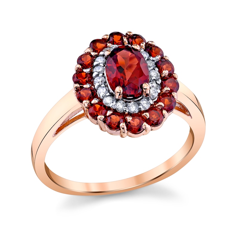 Main Image 1 of Oval Garnet, Rhodolite Garnet and 1/6 CT. T.W. Diamond Double Frame Ring in 14K Rose Gold