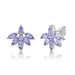 Marquise Amethyst Flower Stud Earrings in Sterling Silver