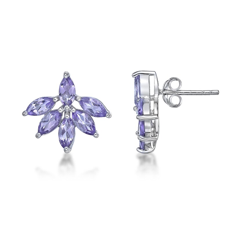 Main Image 2 of Marquise Amethyst Flower Stud Earrings in Sterling Silver