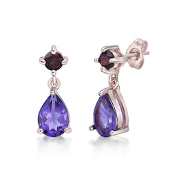 Pear-Shaped Amethyst and Garnet Drop Earrings in Sterling Silver with 18K Rose Gold Plate