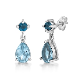 Pear-Shaped Swiss Blue and Round London Blue Topaz Drop Earrings in Sterling Silver