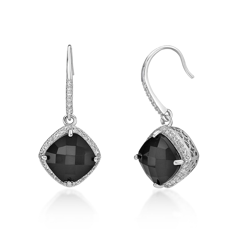 Main Image 1 of 10.0mm Cushion-Shaped Onyx and White Lab-Created Sapphire Frame Drop Earrings in Sterling Silver