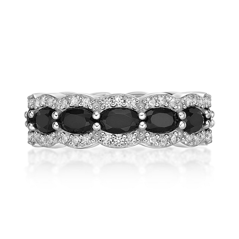 Oval Onyx and White Lab-Created Sapphire Scallop Edge Ring in Sterling Silver