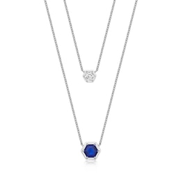 6.0mm Hexagonal Blue and 4.0mm White Lab-Created Sapphire Double Strand Necklace in Sterling Silver - 16&quot;