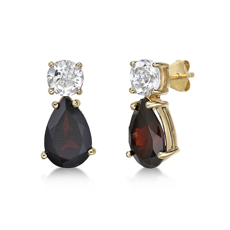Pear-Shaped Garnet and White Topaz Drop Earrings in Sterling Silver with 18K Gold Plate