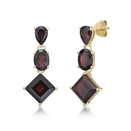 Princess-Cut, Oval and Pear-Shaped Garnet Three Stone Drop Earrings in Sterling Silver with 18K Gold Plate