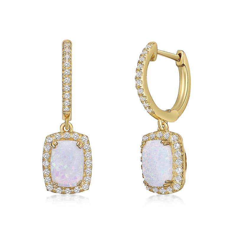 Main Image 1 of Elongated Cushion-Shaped Lab-Created Opal and White Topaz Frame Drop Earrings in Sterling Silver with 18K Gold Plate