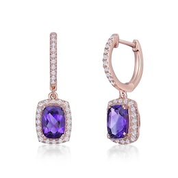 Elongated Cushion-Shaped Amethyst and White Topaz Frame Drop Earrings in Sterling Silver with 18K Rose Gold Plate